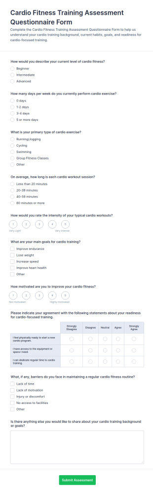 Cardio Fitness Training Assessment Questionnaire Form Template