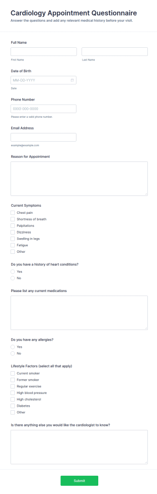 Cardiology Appointment Questionnaire Form Template