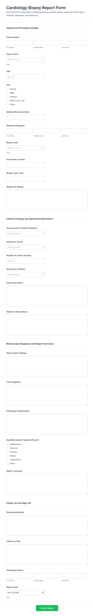 Cardiology Biopsy Report Form Template