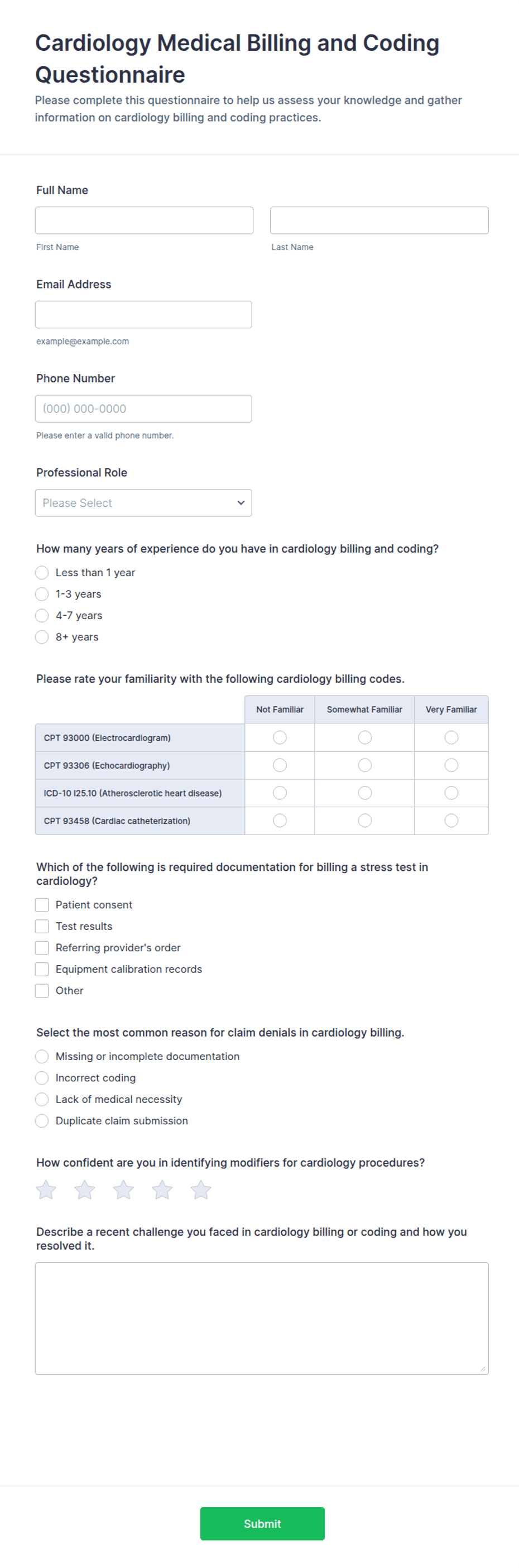 Template For Medical Coding Query Example Cardiology Medical Billing and Coding Questionnaire Form Template | Jotform