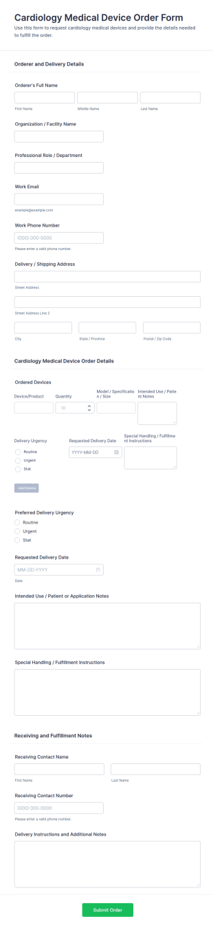 Cardiology Medical Device Order Form Template
