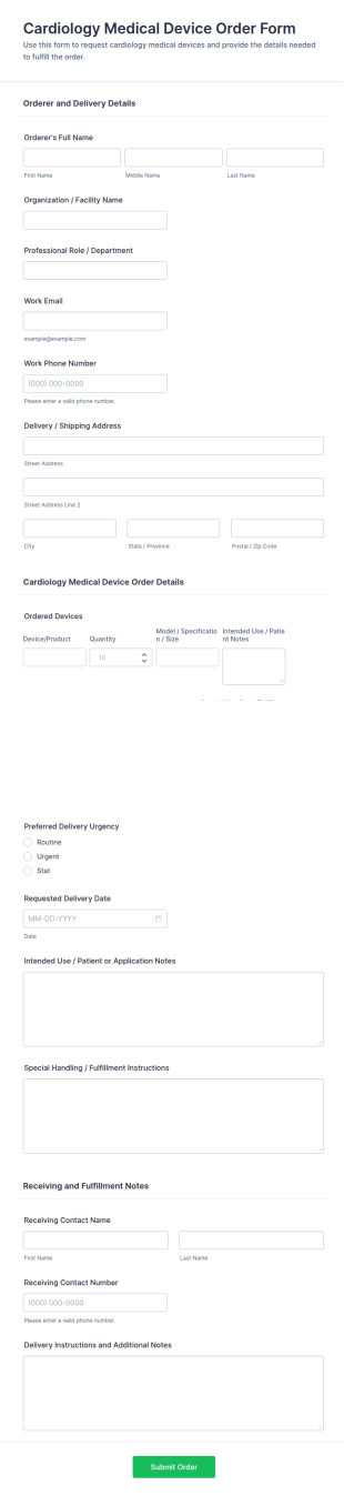 Cardiology Medical Device Order Form Template