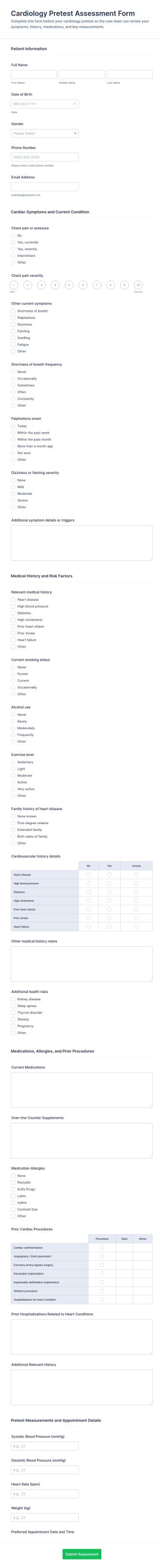 Cardiology Pretest Assessment Form Template