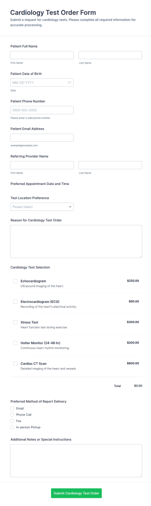 Cardiology Test Order Form Template