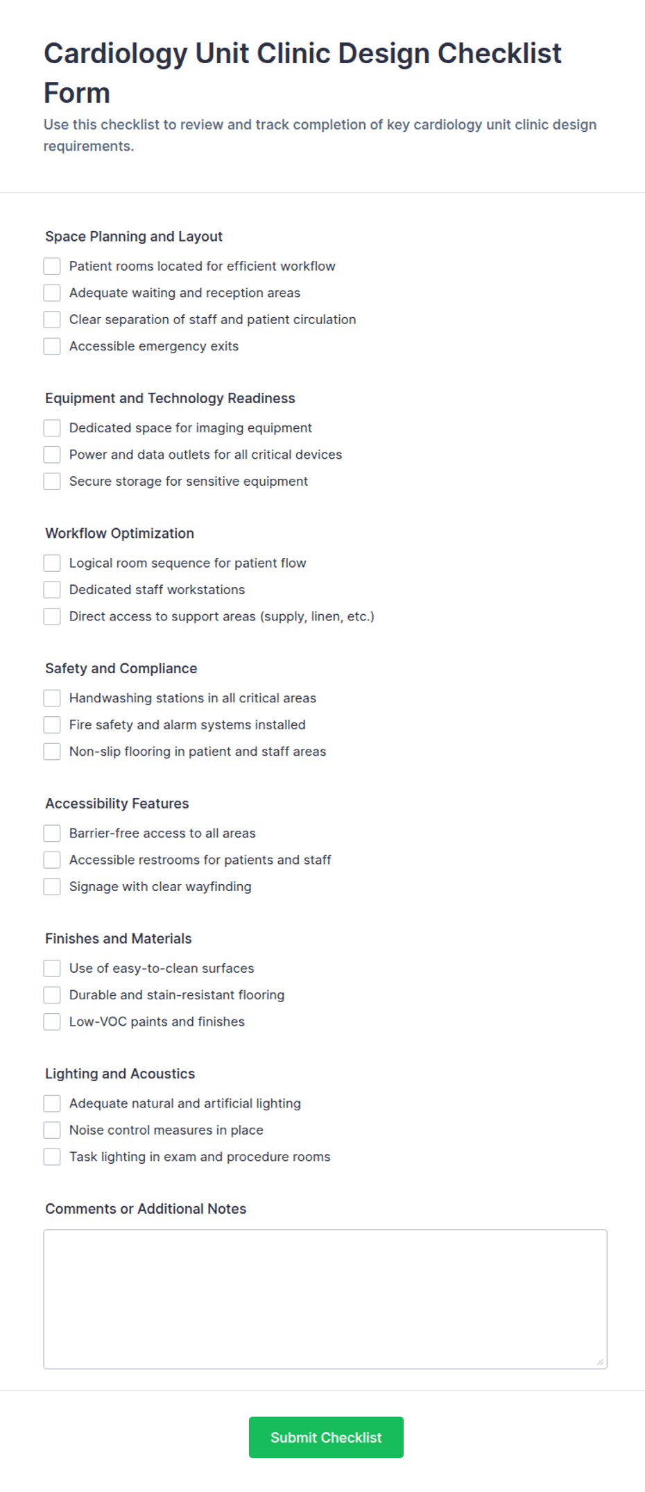 Cardiology Unit Clinic Design Checklist Form Template | Jotform