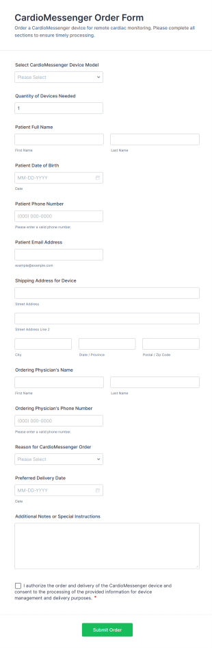 CardioMessenger Order Form Template