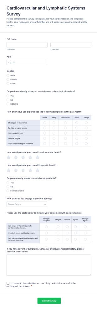 Cardiovascular And Lymphatic Systems Survey Form Template