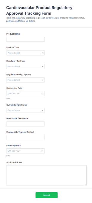 Cardiovascular Product Regulatory Approval Tracking Form Template