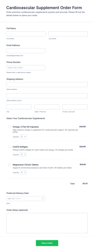 Cardiovascular Supplement Order Form Template