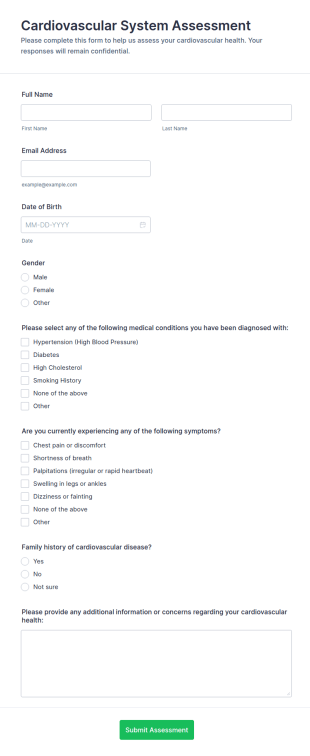 Cardiovascular System Assessment Form Template