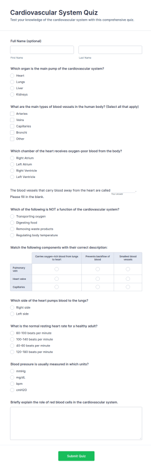 Cardiovascular System Quiz Form Template