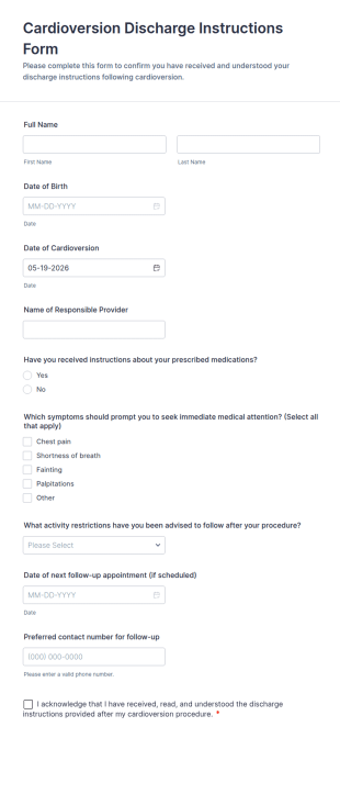 Cardioversion Discharge Instructions Form Template