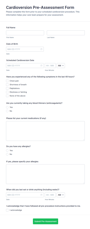 Cardioversion Pre Assessment Form Template