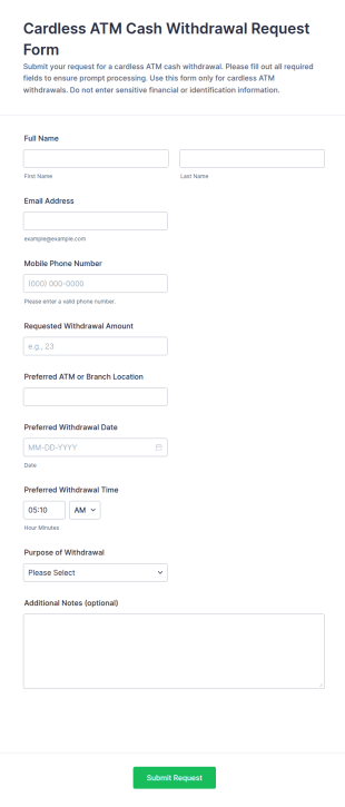 Cardless ATM Cash Withdrawal Request Form Template