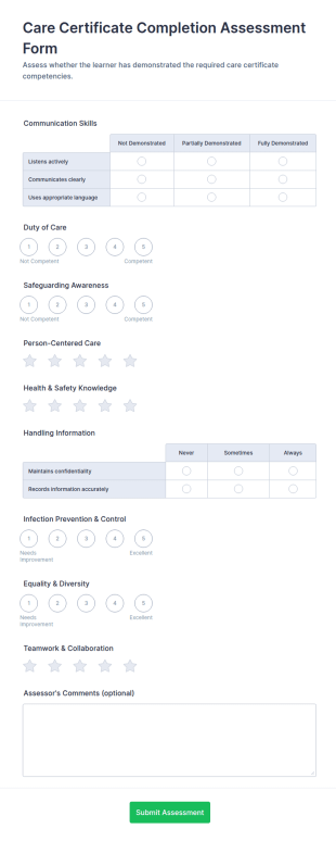 Care Certificate Completion Assessment Form Template