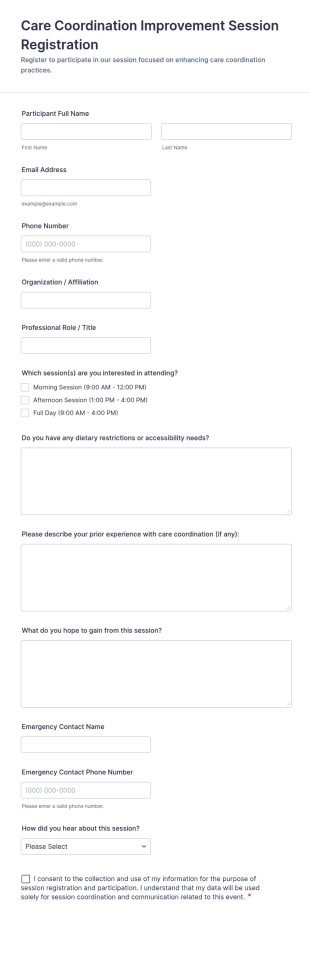 Care Coordination Improvement Session Registration Form Template