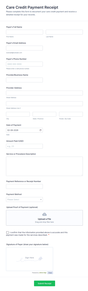 Care Credit Payment Receipt Form Template