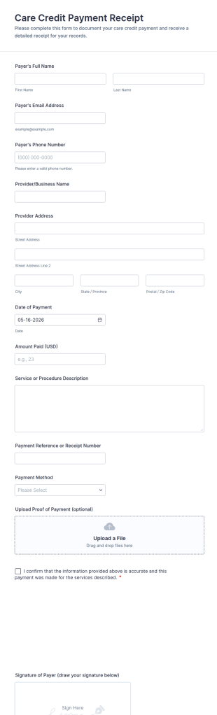 Care Credit Payment Receipt Form Template