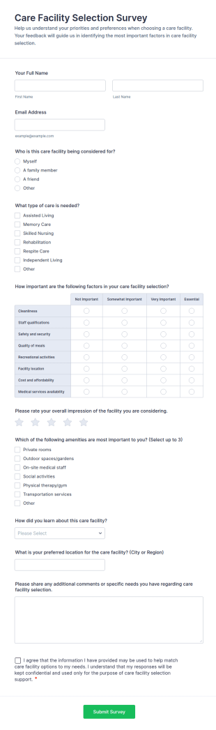 Care Facility Selection Survey Form Template