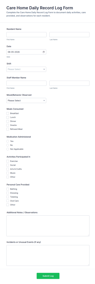 Care Home Daily Record Log Form Template