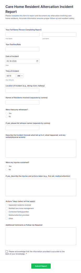 Care Home Resident Altercation Incident Report Form Template
