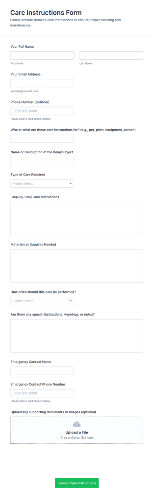 Care Instructions Form Template