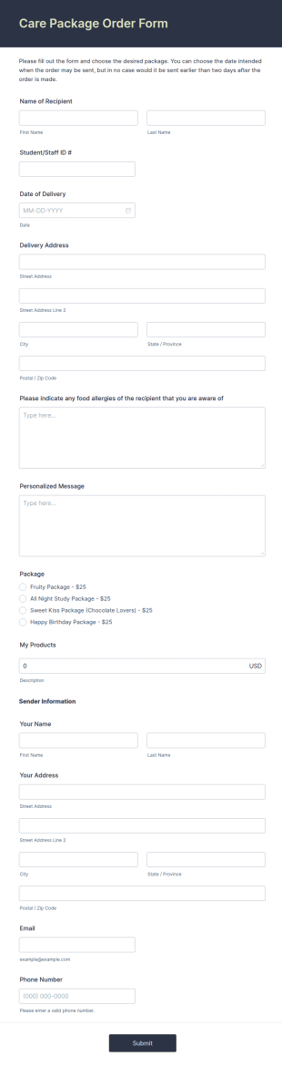 Care Package Order Form Template