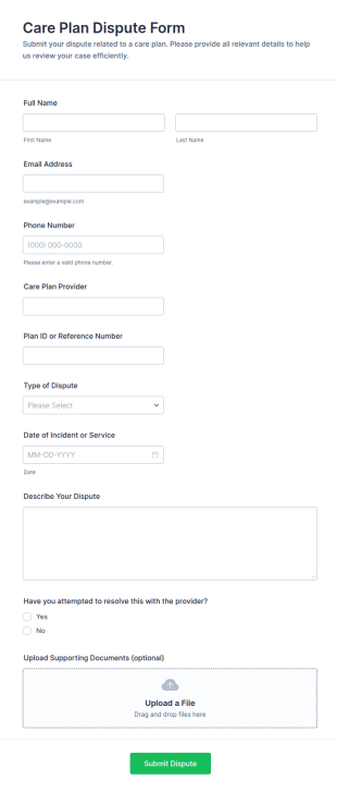 Care Plan Dispute Form Template