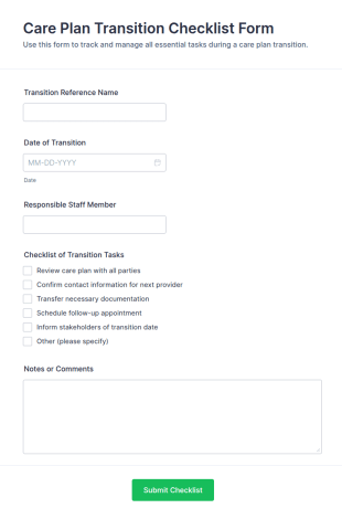 Care Plan Transition Checklist Form Template