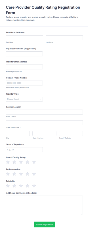 Care Provider Quality Rating Registration Form Template
