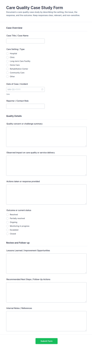 Care Quality Case Study Form Template