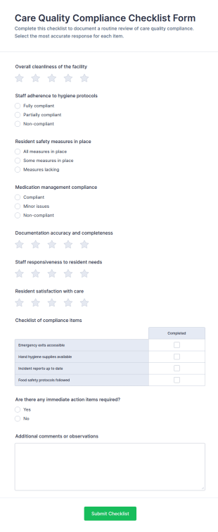 Care Quality Compliance Checklist Form Template
