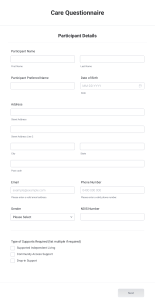 Care Questionnaire Form Template