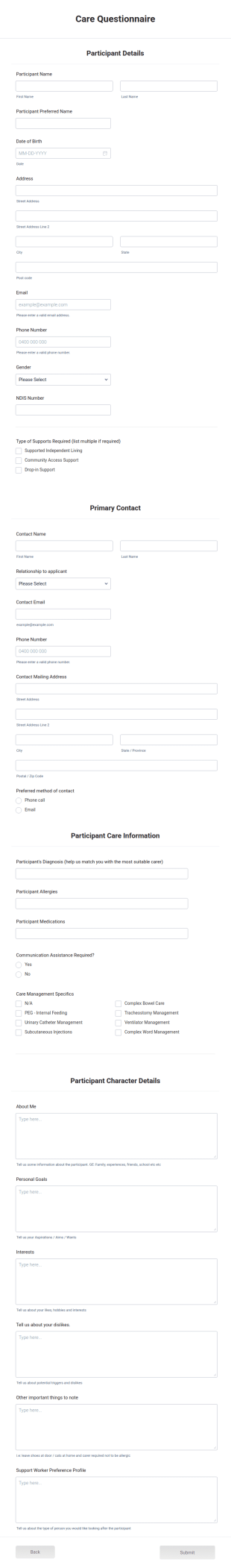 Care Questionnaire Form Template