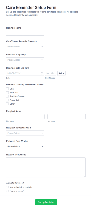 Care Reminder Setup Form Template
