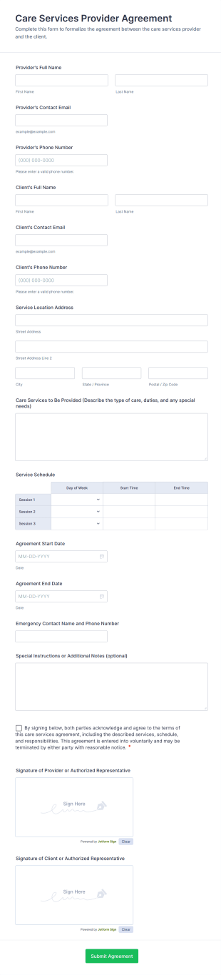 Care Services Provider Agreement Form Template