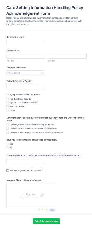 Care Setting Information Handling Policy Acknowledgment Form Template