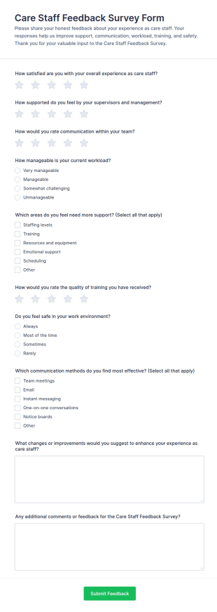 Care Staff Feedback Survey Form Template