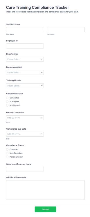 Care Training Compliance Tracker Form Template
