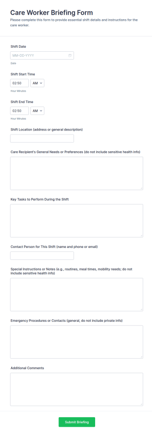 Care Worker Briefing Form Template