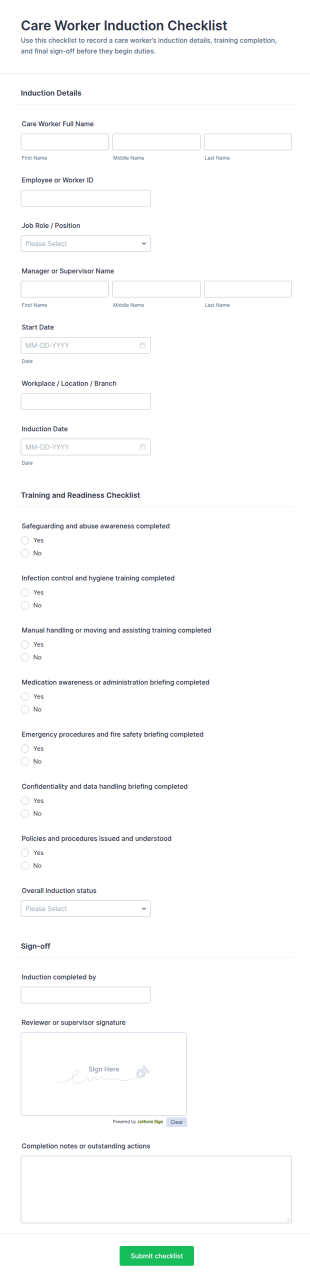 Care Worker Induction Checklist Form Template