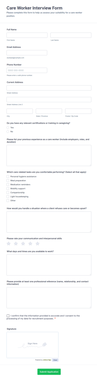 Care Worker Interview Form Template