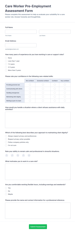 Care Worker Pre Employment Assessment Form Template
