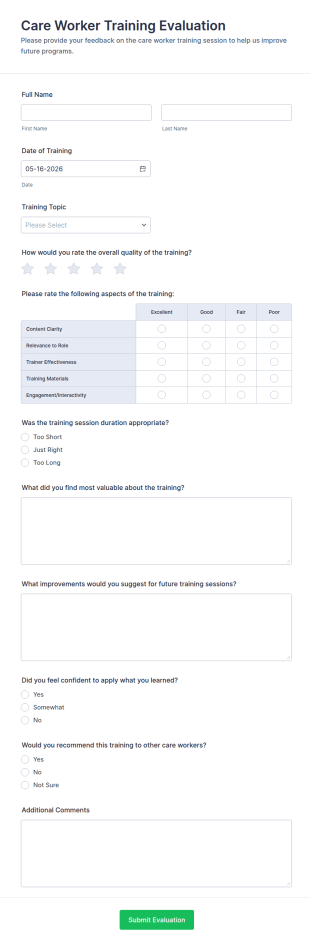 Care Worker Training Evaluation Form Template