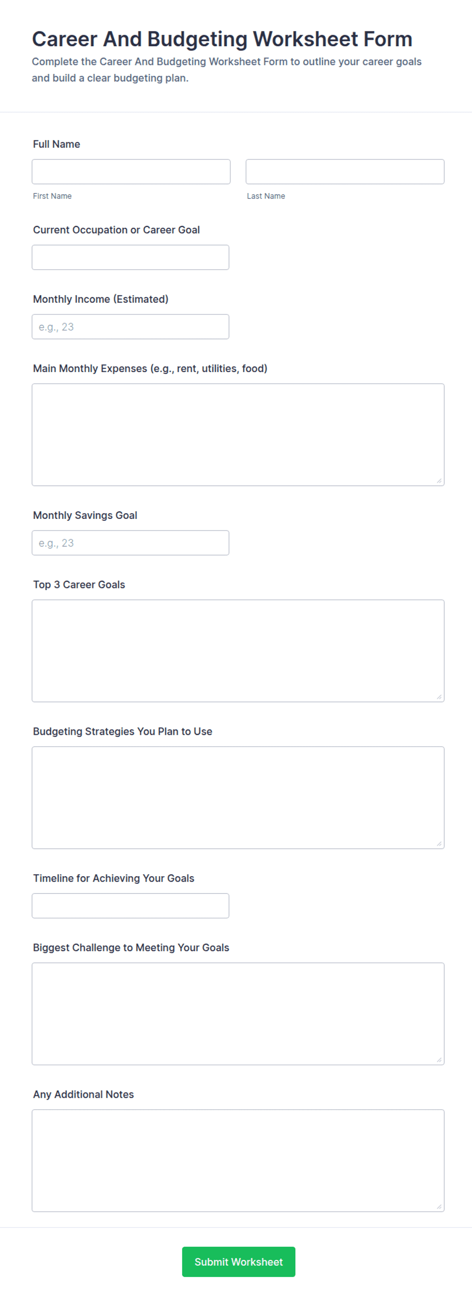 Career and Budgeting Worksheet Form Template | Jotform