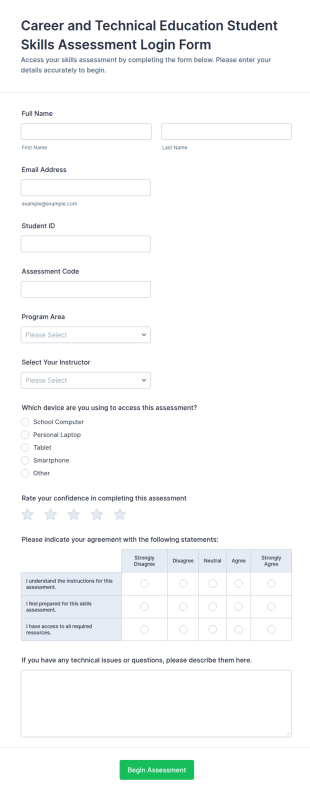 Career And Technical Education Student Skills Assessment Login Form Template
