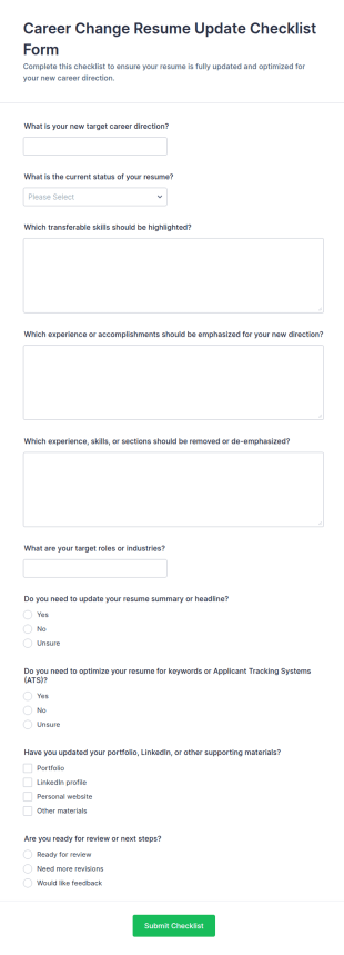 Career Change Resume Update Checklist Form Template