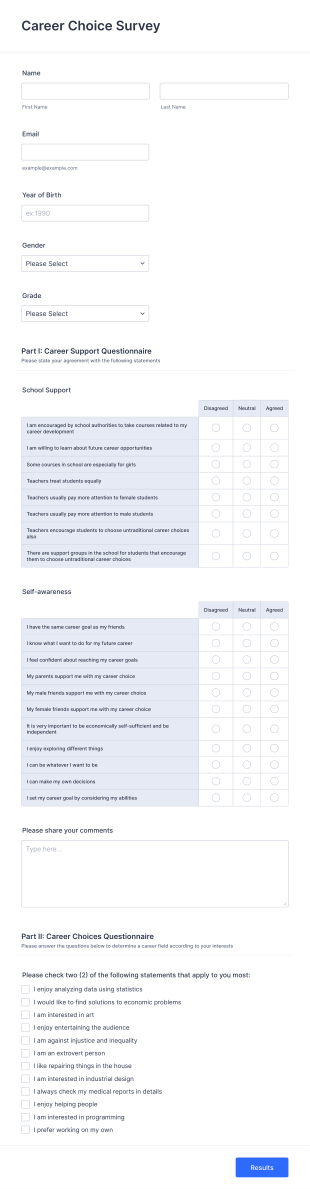 survey questions about homework Career Choice Survey Form Template