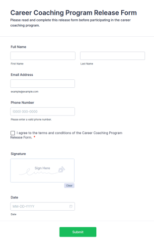 Career Coaching Program Release Form Template