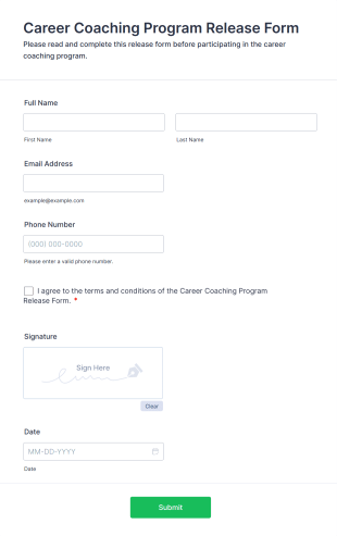 Career Coaching Program Release Form Form Template